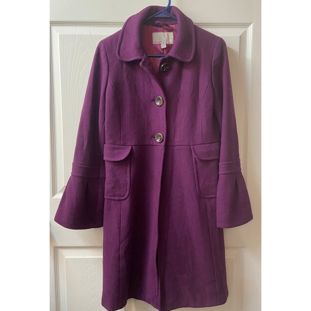 Old Navy Purple Winter Coat Womens Medium Bell sleeves Pockets Wool Blend Dressy
